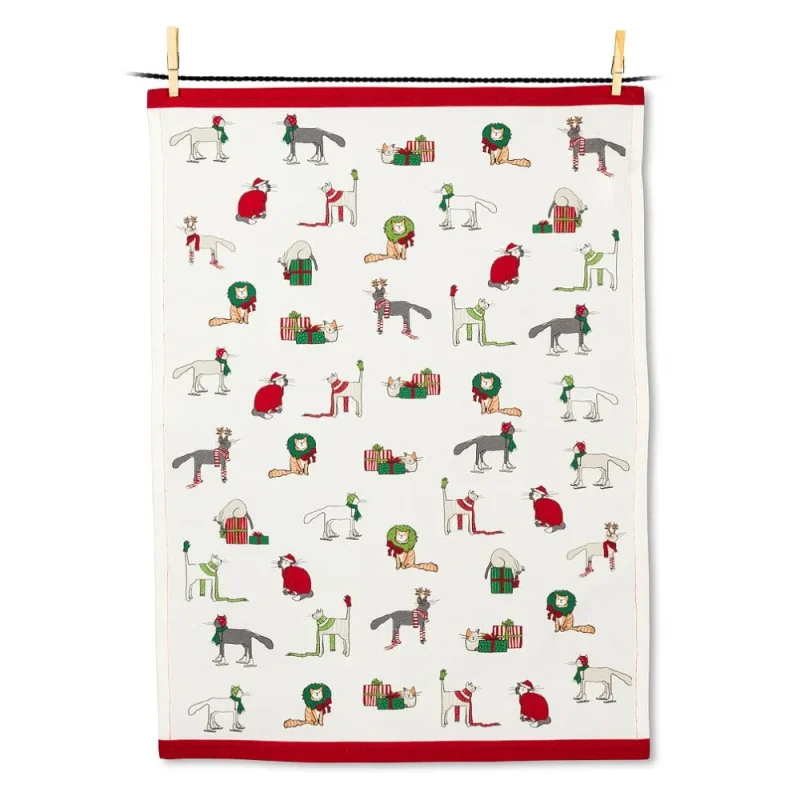 abbott holiday cats tea towel festive kitchen decor